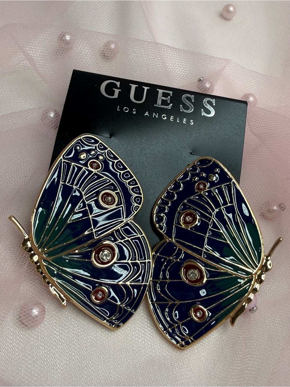 GUESS Blue Butterfly Earrings Gold Tone